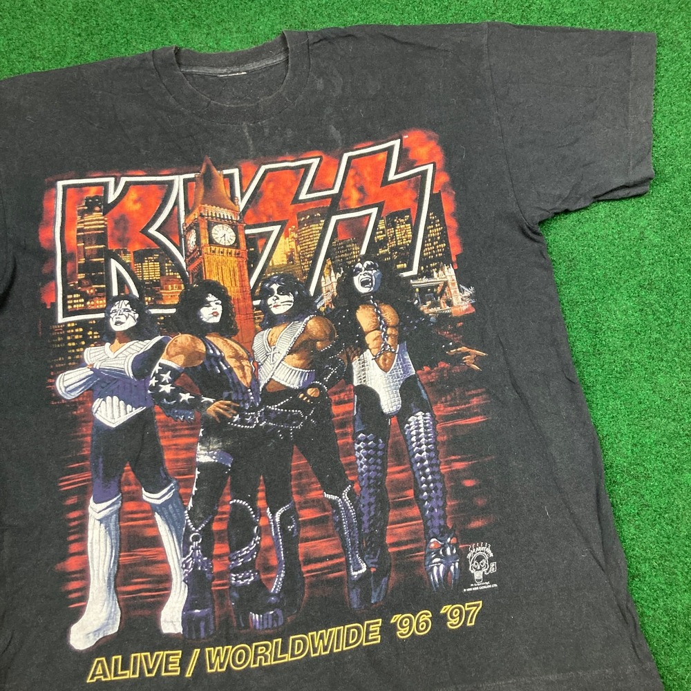 Vintage Kiss Shirt Mens L Black 1997 Alive Worldwide UK I Was There Tour 90s Tee
